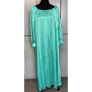 Vintage Miss Elaine Nightgown Slip Dress Womens Small Nylon Blue Mint 3/4 Sleeve